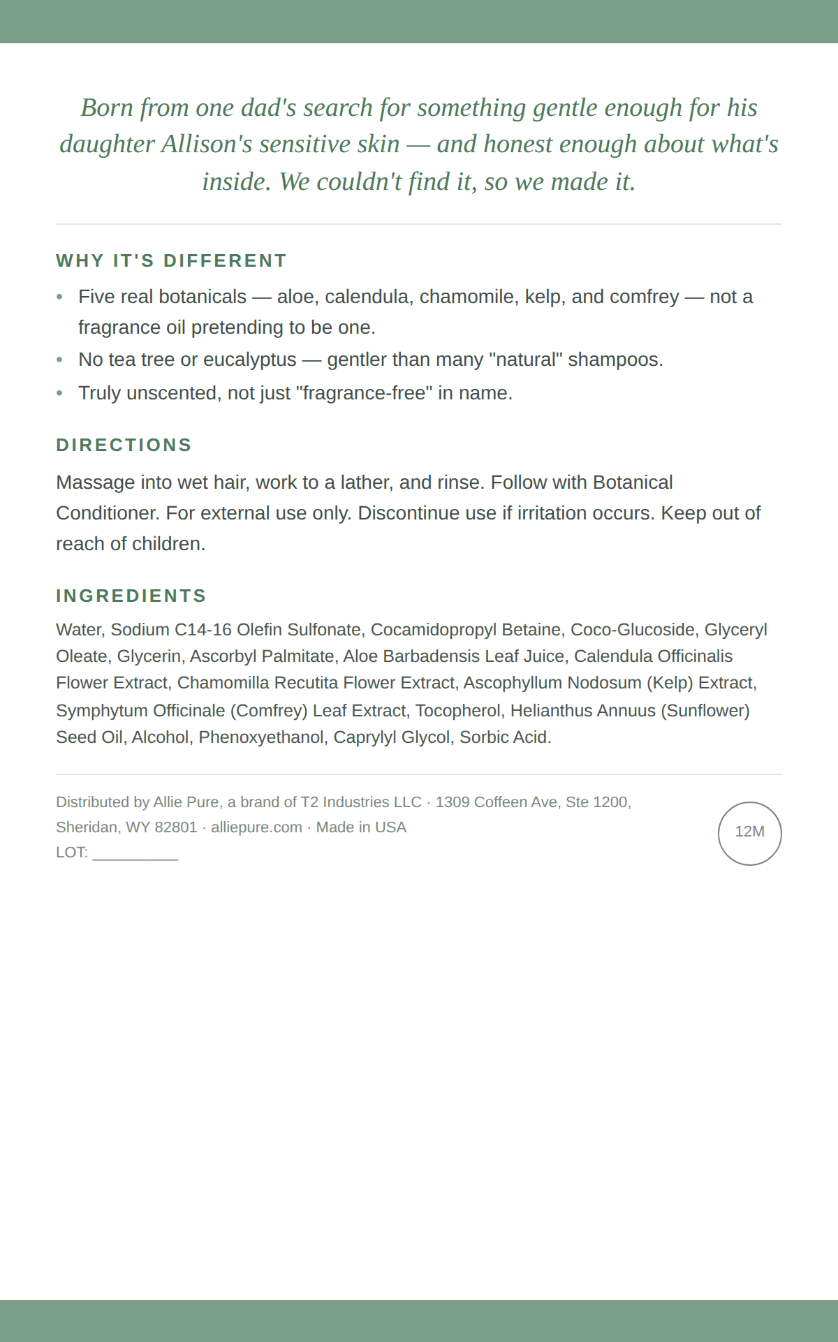 Botanical Shampoo back label